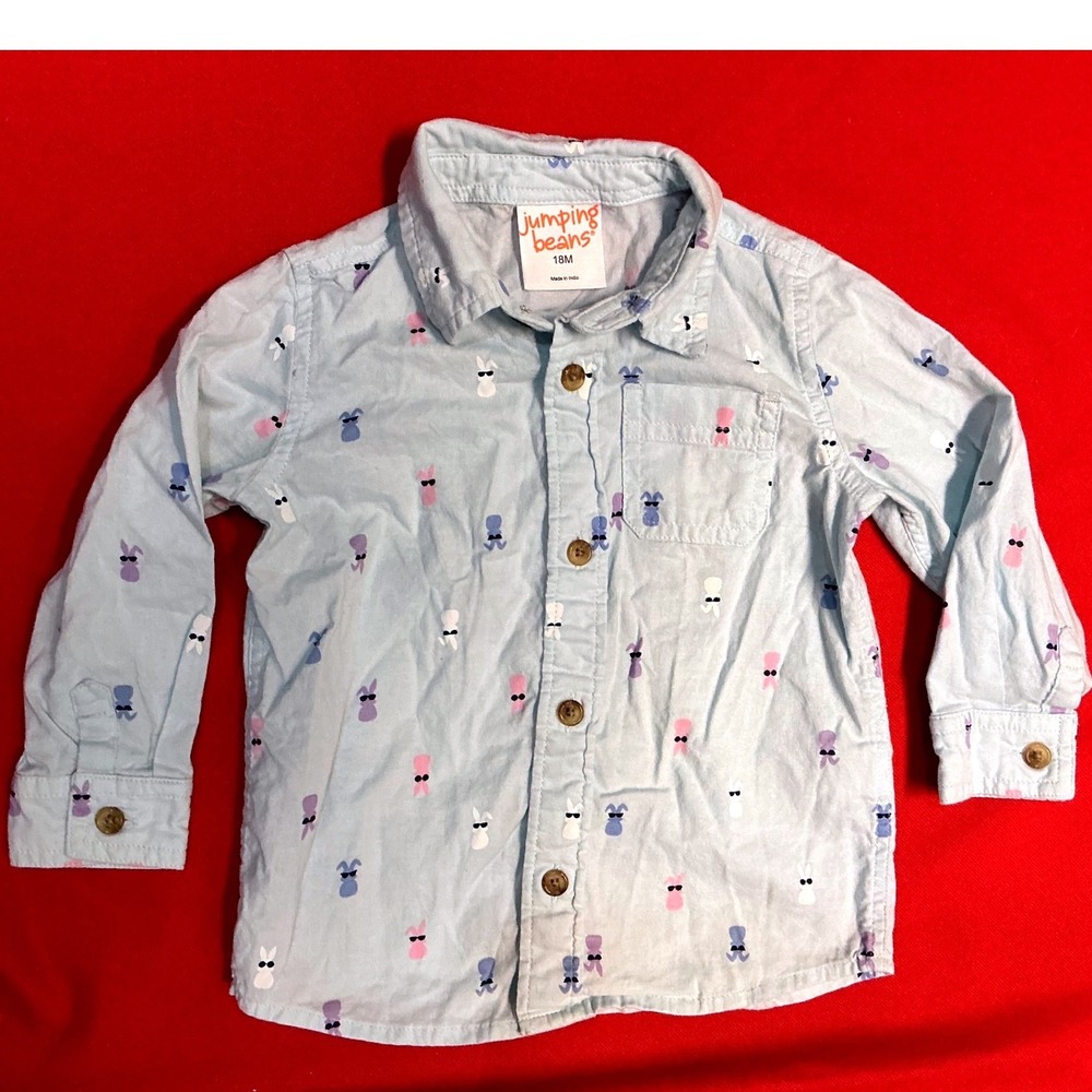 Easter Bunny Button Down‎ Shirt Toddler 18M Blue Excellent Bunny Sunglasses
